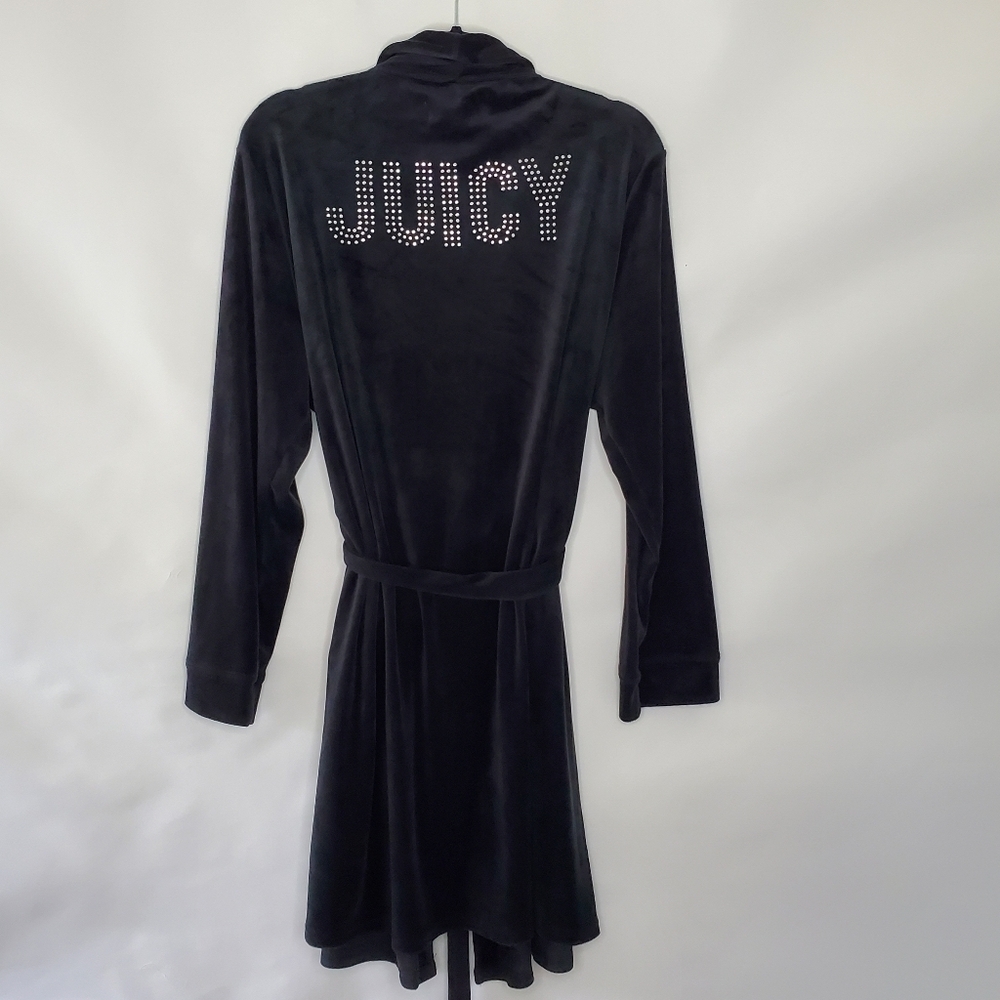 Juicy Couture Rhinestone Spell Out Belted Robe Size L/XL Black Velvety Lounge